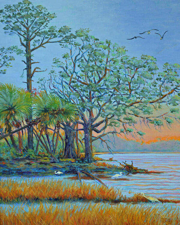 Hunting Island Poster featuring the painting Sunset on Hunting Island Lagoon by Dwain Ray