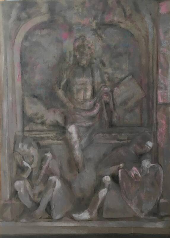 Christ Resurrection - Panel - Sculpture- Romanesque - Art - Risen Christ- Resurrezione- Sleeping Guards- Empty Tomb- Christian Art- Trompe Loeil Painting- Eastern Christ - Poster featuring the drawing Resurrection Scene I by Paez ANTONIO