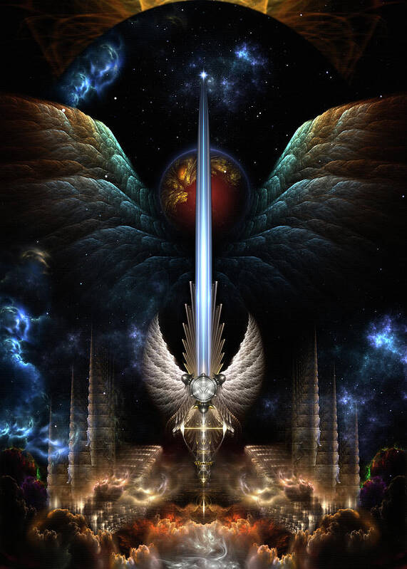 Angel Wing Sword Of Arkledious Poster featuring the digital art Angel Wing Sword Of Arkledious Imperial Wings Fractal Art Composition by Rolando Burbon