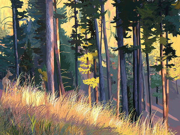 Odocoileus Columbianus Poster featuring the painting Fall Alpenglow Trees Grasses by Pam Little