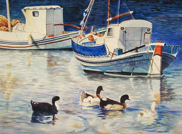 Greek Fishing Boat Watercolor Poster featuring the painting Feeling Ducky by Terri Meyer