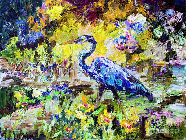 Birds Poster featuring the painting Blue Heron Wetland Magic Palette Knife Oil Painting by Ginette Callaway
