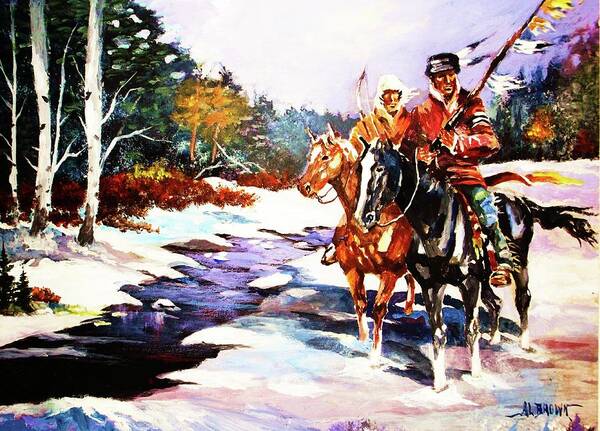 Trees Poster featuring the painting Snowbound Hunters by Al Brown