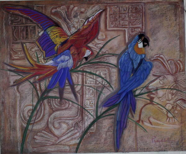 Wisdom Beauty Birds Parrots Sandstone Wall Carving Of Triditional Mayan Subjects Poster featuring the painting Birds On A Mayan Wall by Pamela Mccabe