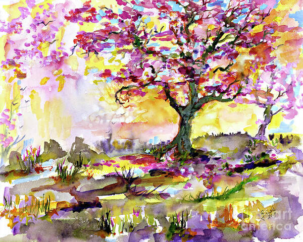 Trees Poster featuring the painting Spring Blossom Tree Warm Watercolor by Ginette Callaway