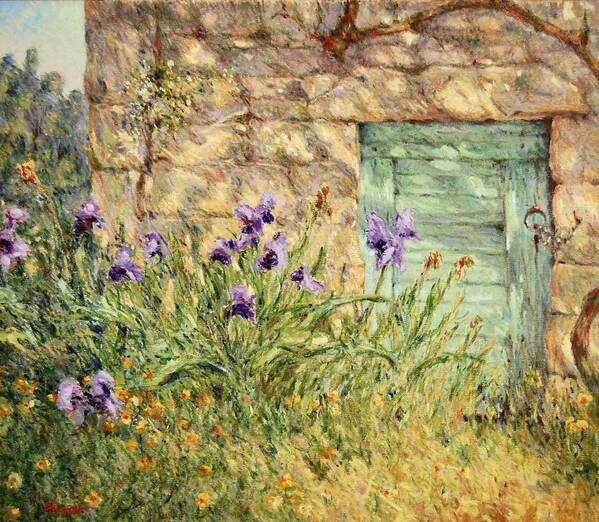 Irises Poster featuring the painting Irises at the old barn by Pierre Dijk