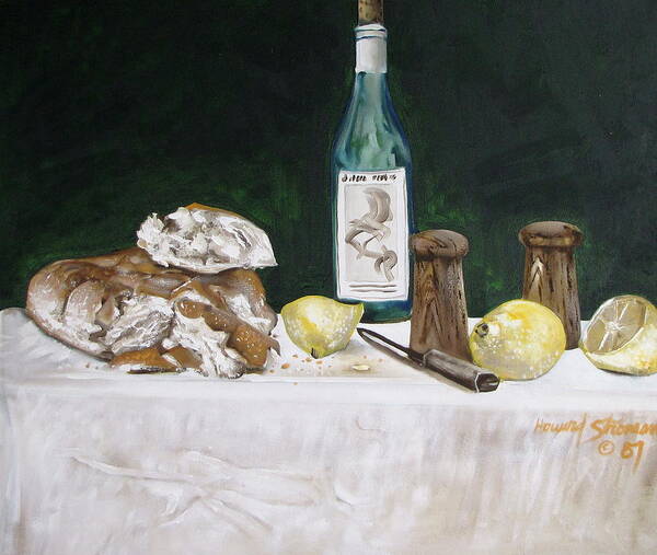 Stil Life;lemons;wine;bread;table Setting;salt;pepper;food Poster featuring the painting Bread and Wine by Howard Stroman
