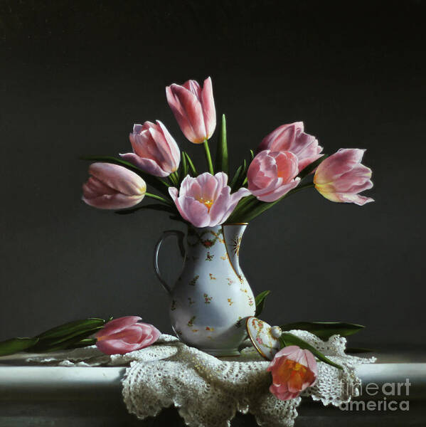 Pink Poster featuring the painting Pink Tulips In A Chocolate Pot by Lawrence Preston