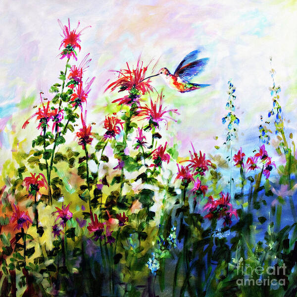 Hummingbird Poster featuring the painting Bee balm and Hummingbird in Garden by Ginette Callaway