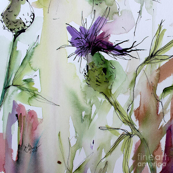 Thistles Poster featuring the painting Thistles Modern floral Art Watercolor and Ink by Ginette by Ginette Callaway