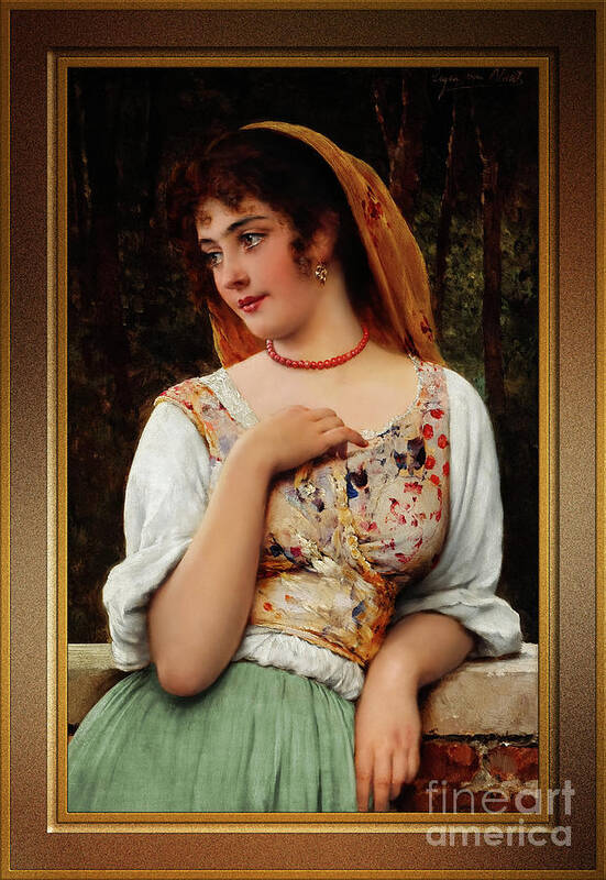 A Pensive Beauty Poster featuring the painting A Pensive Beauty by Eugen von Blaas Classical Art Reproduction by Rolando Burbon