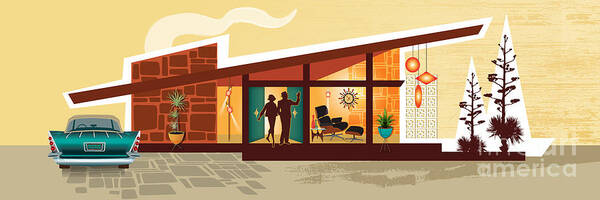 Mid Century Poster featuring the digital art Angle Roof Mid Century Modern House Panorama - women by Diane Dempsey