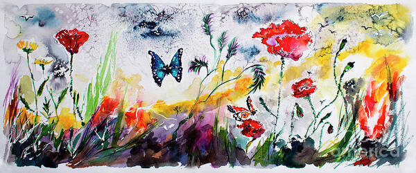 Blue Butterflies Poster featuring the painting Poppies and Butterflies Whimsical French Garden by Ginette Callaway