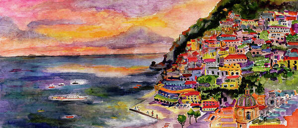 Paintings Of Italy Poster featuring the painting Positano Italy Amalfi Coast Panorama 2 by Ginette Callaway