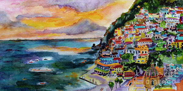Paintings Of Italy Poster featuring the painting Amalfi Coast Positano Panorama by Ginette Callaway