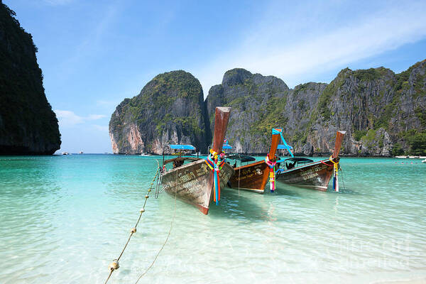 Thailand Poster featuring the photograph Long tail boats on Maya bay beach - Ko phi phi - Thailand by Matteo Colombo