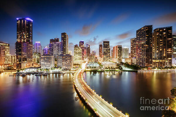 Miami Poster featuring the photograph Miami skyline at night by Matteo Colombo