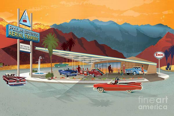 Mid Century Poster featuring the digital art Tramway Gas Station Palm Springs California by Diane Dempsey