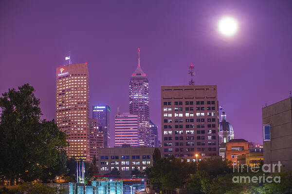 Indy Poster featuring the photograph Indianapolis Indiana Skyline Moon by David Haskett II