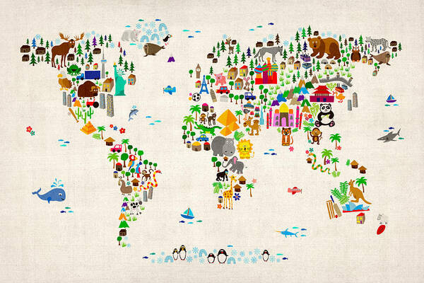 Map Of The World Poster featuring the digital art Animal Map of the World for children and kids by Michael Tompsett