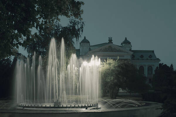 Fountain Poster featuring the photograph Fountain and National Theatre Vasile Alecsandri in Iasi ROMANIA by Vlad Baciu