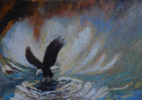 Impressionism Wildlife Canadian Wildlife Eagle Painting Poster featuring the painting Caught In A Storm by Santo De Vita