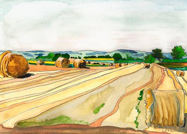 French Countryside Landscape Summer Hayfields Agricultural Patterns Paisay-le-tort  Deux-sevres  Poster featuring the painting Le Fin de l'Ete, Paizay-Le-Tort by Joan Cordell