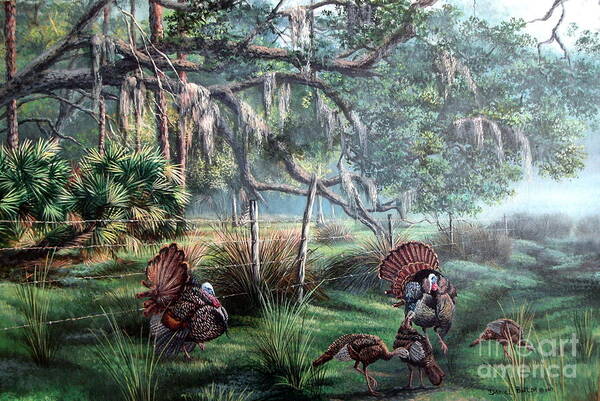 Florida Landscape Poster featuring the painting Spring Dance-Osceola Turkeys by Daniel Butler
