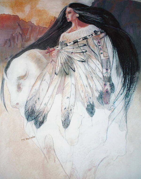 Beautiful Indian Woman Shapshifting Into The White Buffalo...mountains And Sunrise Over The Tribe Of Lakota Indians ....white And Black Colors Peace Pipe With Feathers And Peace Pipe Bag... Poster featuring the pastel White Buffalo Calf Woman #2 by Pamela Mccabe