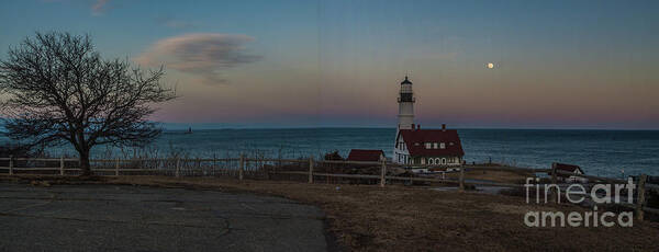 Atlantic Ocean Poster featuring the photograph Full Moon panorama over Portland Headlight by David Bishop
