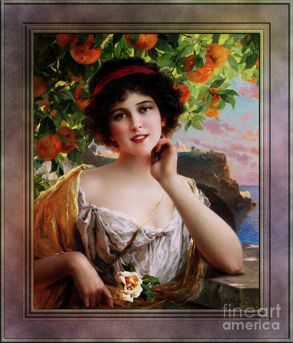 Beauty Under The Orange Tree Poster featuring the painting Beauty Under The Orange Tree by Emile Vernon Vintage Illustration Xzendor7 Art Reproductions by Rolando Burbon