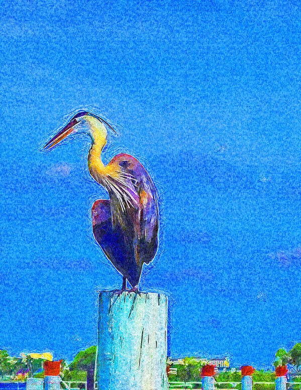 Fishermen's Village Poster featuring the digital art Great Blue Heron on Pier Left by Island Hoppers Art