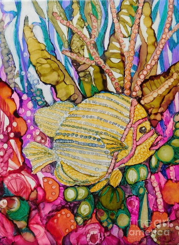 This Perky Rainbow-colored Sun Fish Was Painted On A 6 X 8 Ceramic Tile And Is Designed To Be Mounted On An Canvas Panel So It Fits A Standard 8 X 10 Frame.  Poster featuring the painting Rainbow-colored Sunfish by Joan Clear