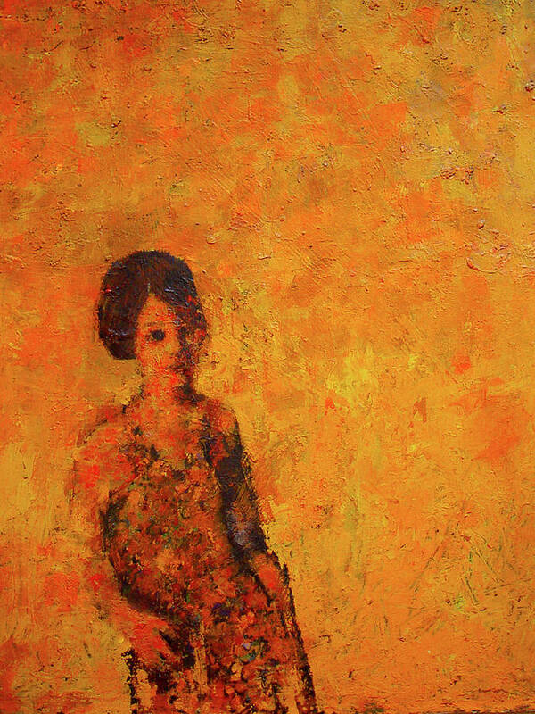 Robert Cooper Cooperhouse Acrylic Golds Oranges Yellows Acrylic Painting Impressionist Poster featuring the painting Girl in Wheat Field by Robert Cooper