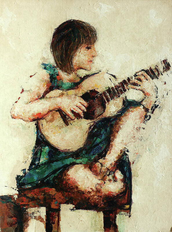 Robert Cooper Peggy Acrylic Canvas Painting Impressionism Guitar Poster featuring the painting Peggy with Guitar by Robert Cooper