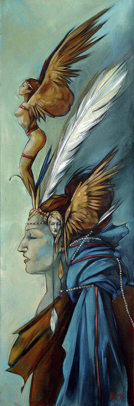 Hood Ornament Poster featuring the painting Blue Art Deco Indian Headdress Hood Ornamental by Jacqueline Hudson