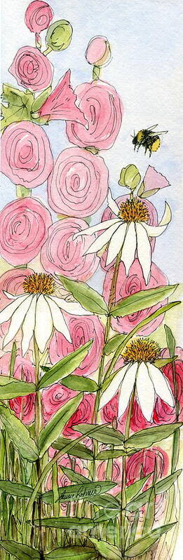 Hollyhock Poster featuring the painting Pink Hollyhock and White Coneflowers by Laurie Rohner