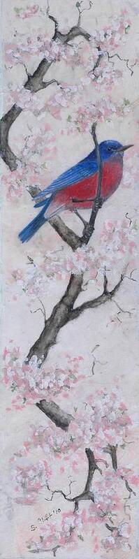 Bluebird Poster featuring the painting Blue Bird in Cherry Blossoms 2 by Sandy Clift