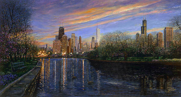 Chicago Evening Skyline Poster featuring the painting Twilight Serenity by Doug Kreuger