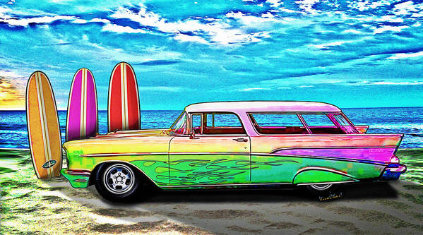 1957 Poster featuring the digital art 57 Chevy Nomad Wagon Best Part of Waking Up by Chas Sinklier