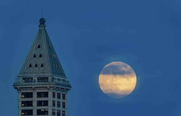 Full Moon Poster featuring the photograph Full Moon Smith Tower by Tommy Farnsworth