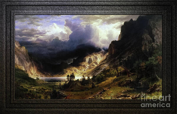 A Storm In The Rocky Mountains Poster featuring the painting A Storm in the Rocky Mountains, Mt. Rosalie by Albert Bierstadt Classical Fine Art Old Masters Repro by Rolando Burbon
