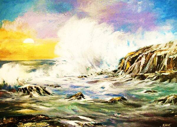 Seascapes Poster featuring the painting Sunset Breakers by Al Brown