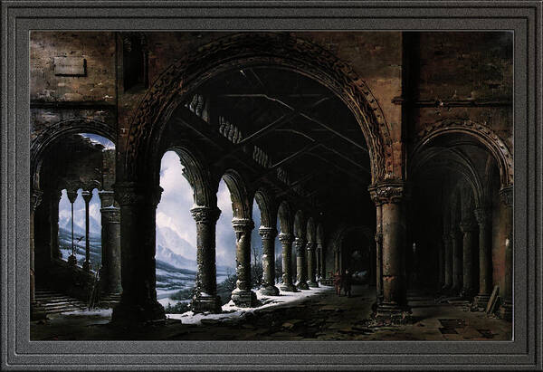 A Ruined Gothic Colonnade Poster featuring the painting A Ruined Gothic Colonnade by Louis Daguerre by Rolando Burbon