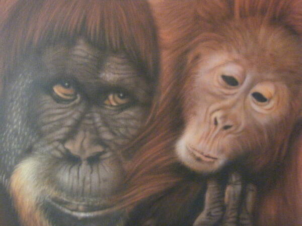 Orangutan Poster featuring the painting Mother with child by Lorraine Munro