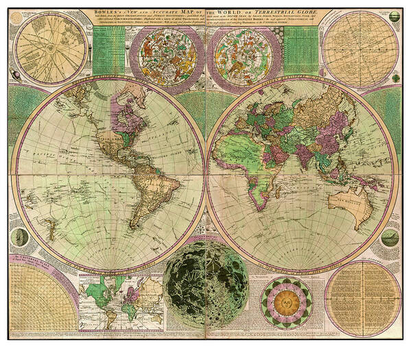 Classical Maps Poster featuring the painting BOWLES New and Accurate Map of the World by Dialing by Rolando Burbon