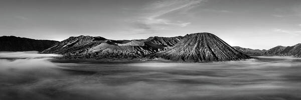 Panorama Poster featuring the photograph Mount Bromo sunrise mist indonesia black and white #1 by Sonny Ryse