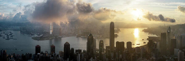 Panorama Poster featuring the photograph Hong Kong at sunrise by Sonny Ryse