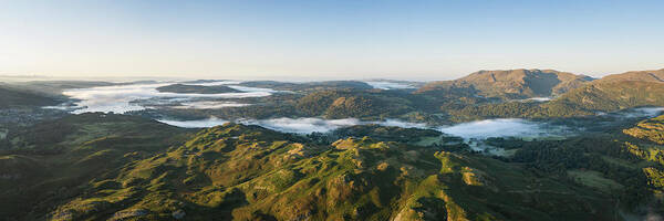 Panorama Poster featuring the photograph Loughrigg Fell and Langdlae cloud inversion aerial Lake District by Sonny Ryse
