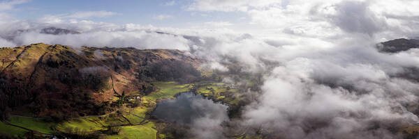 Panorama Poster featuring the photograph Loughrigg Tarn cloud inversion aerial lake district by Sonny Ryse